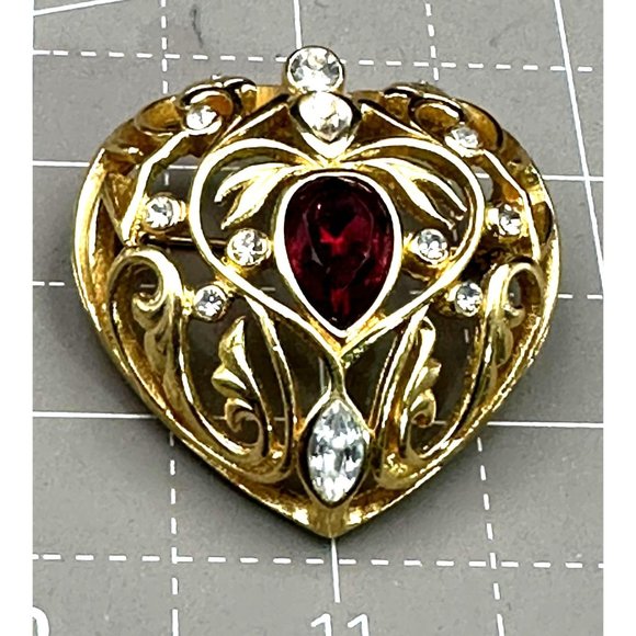 Christian Dior Heart Brooch with Red Center Stone and Swirls with Clear Stones - Picture 1 of 1